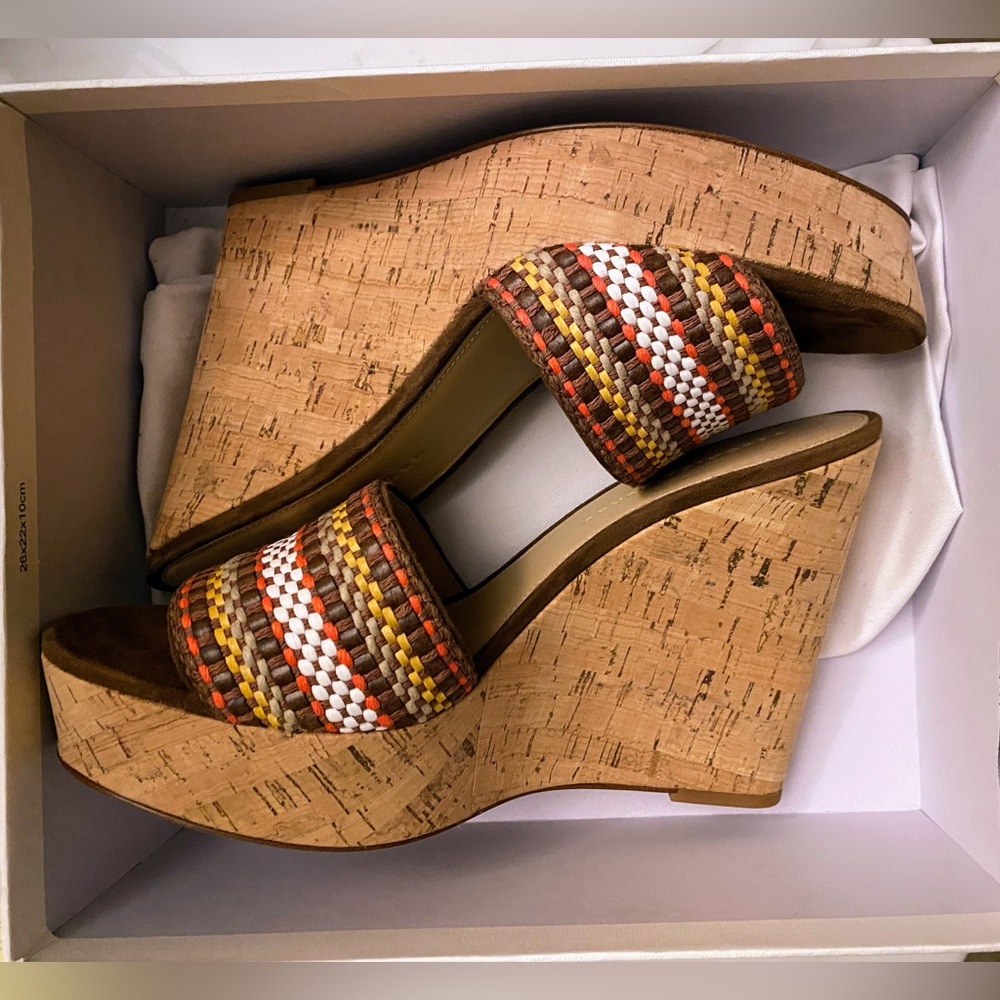 Veronica Beard Dali Woven Wedge Sandal Brown Multi Size 9